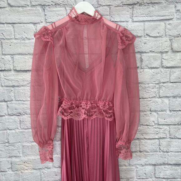 Vintage 70's Mauve Maxi Dress Pleated Skirt Sheer Lace Cardigan Size S/M Union - Picture 7 of 14
